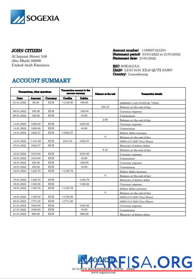 Downloadable Luxembourg Sogexia bank statement word example